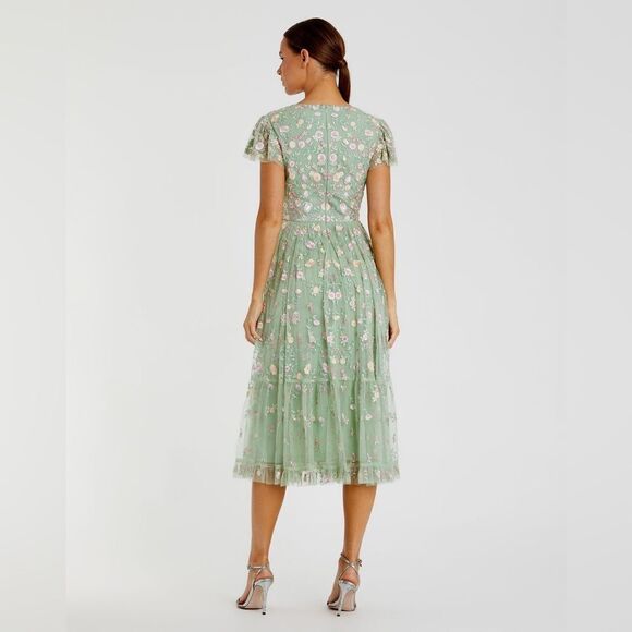 Mac Duggal 35104 Green Multicolor Embroidered V Neck Cap Sleeve Midi Dress - Picture 4 of 14